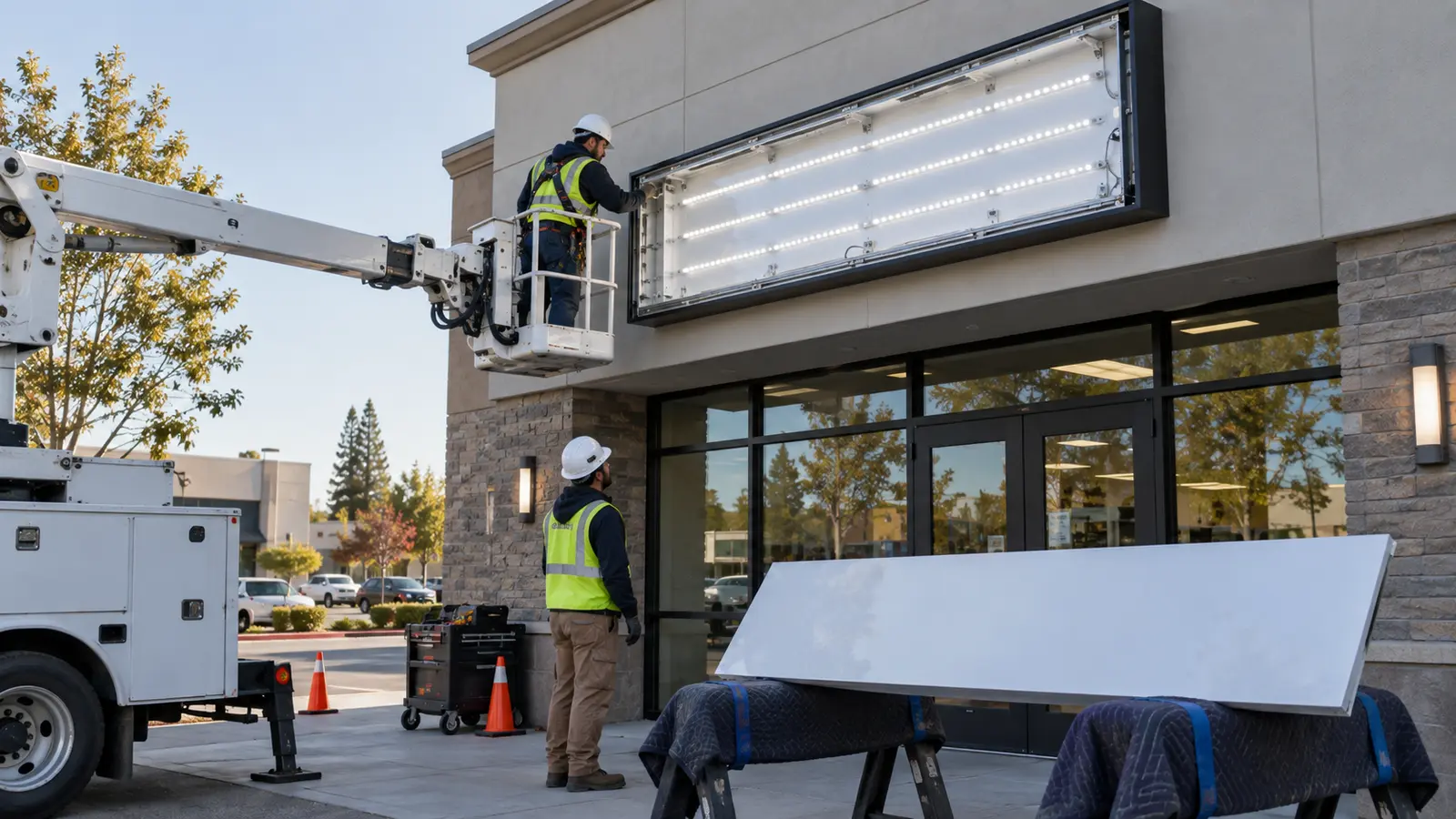 Lightbox Sign Face Replacement Planning Sign technicians inspecting an illuminated cabinet while a blank replacement lightbox face rests on padded supports