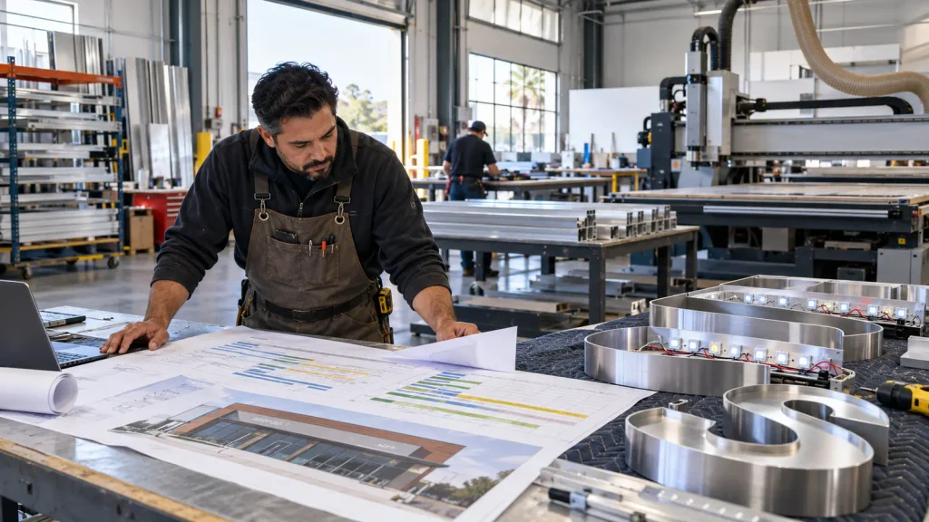 Project manager reviewing custom sign drawings and fabricated components in a California sign shop