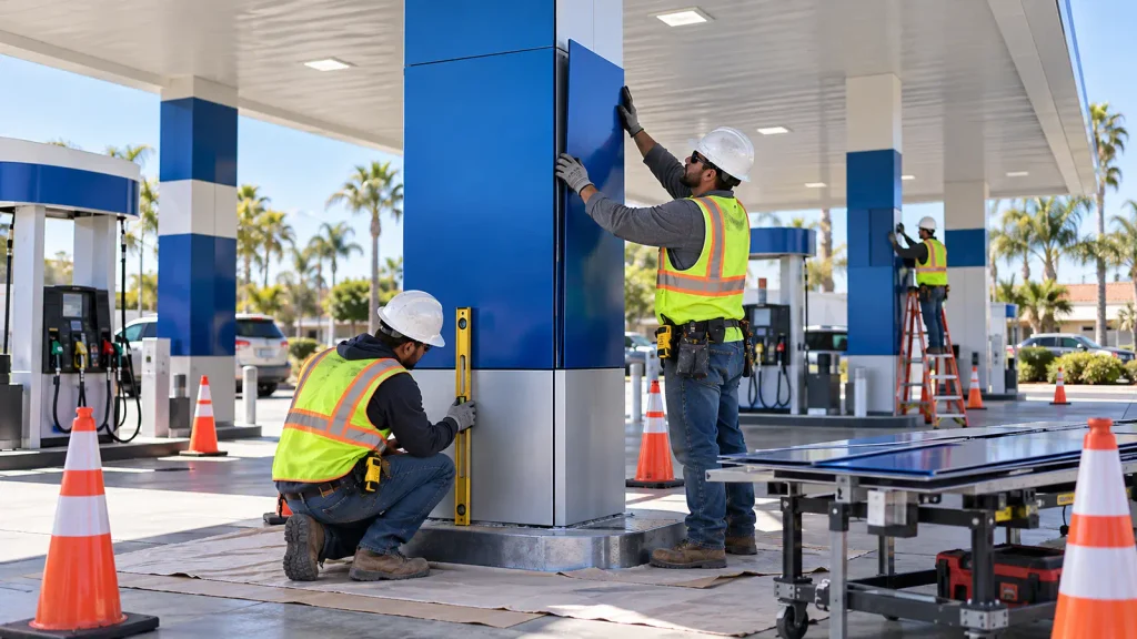 Crew installing unbranded color panels around gas station canopy columns in California