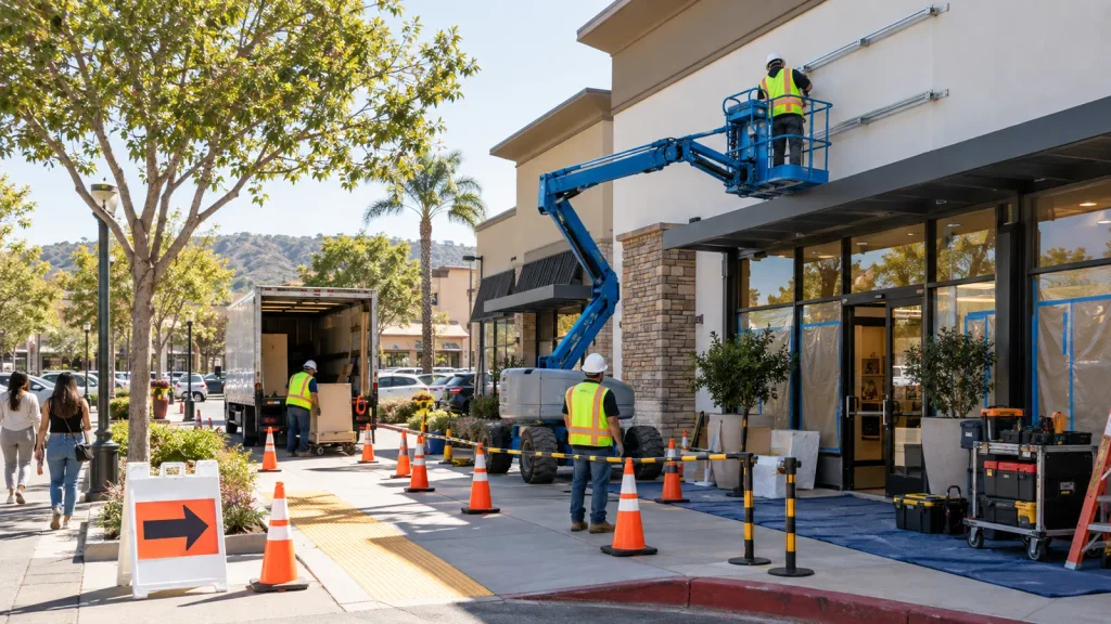 Sign crew staging a boom lift and controlled pedestrian route at an active California shopping center