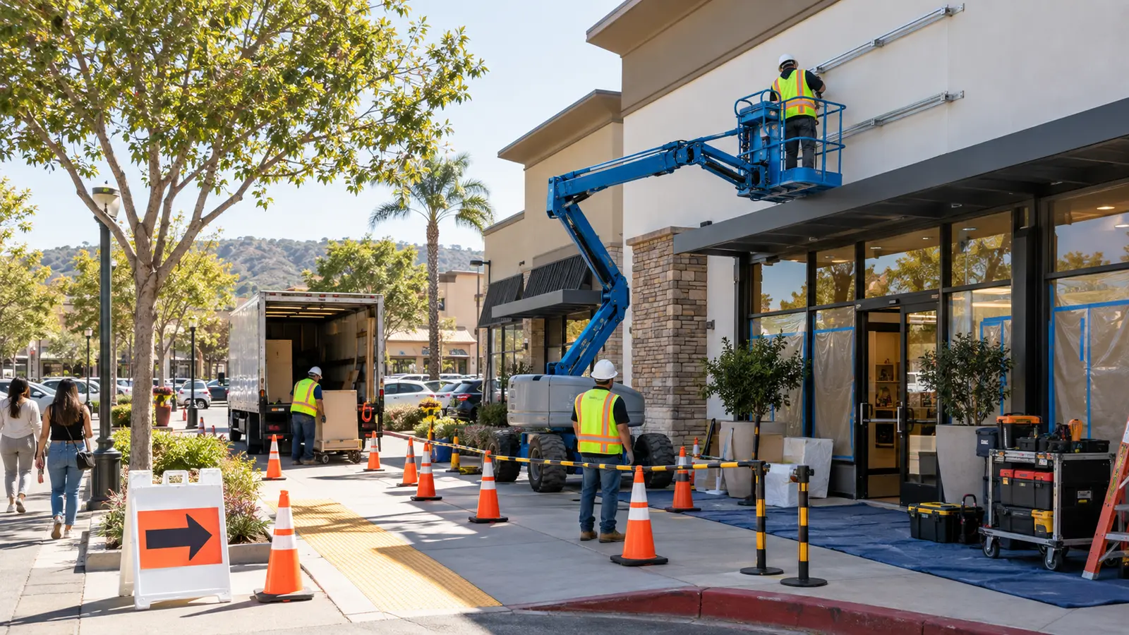 Sign crew staging a boom lift and controlled pedestrian route at an active California shopping center