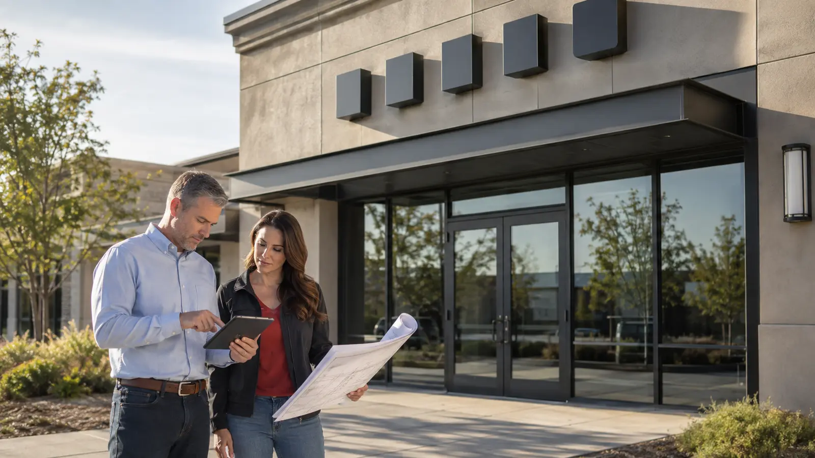 Property manager and sign specialist planning channel letters for a California storefront