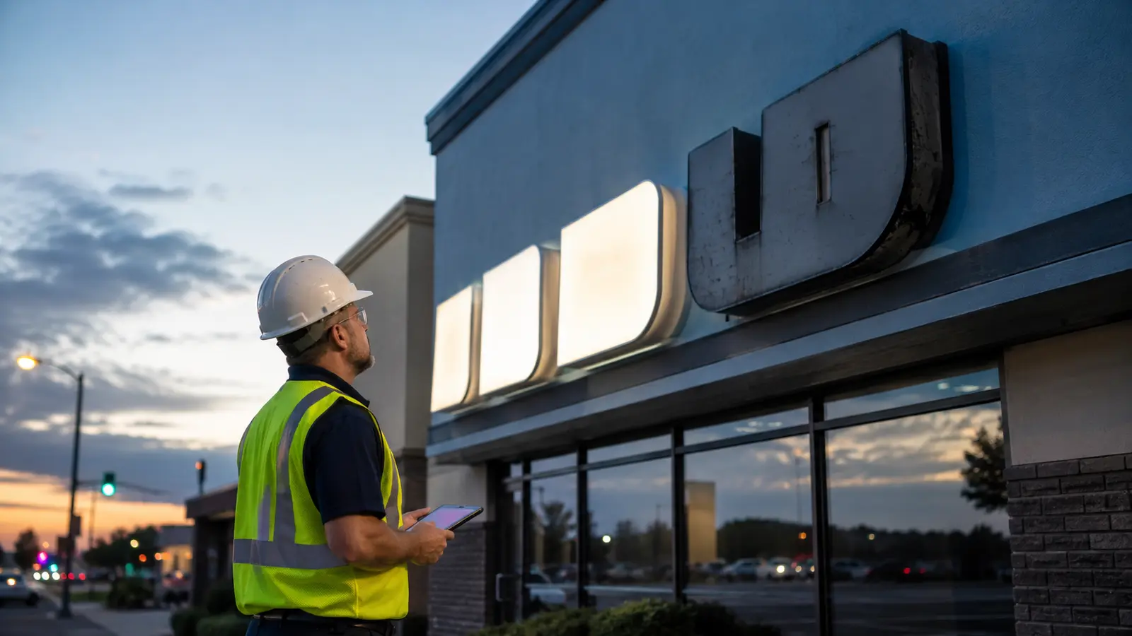 Technician inspecting a partially illuminated commercial sign in Stockton, California
