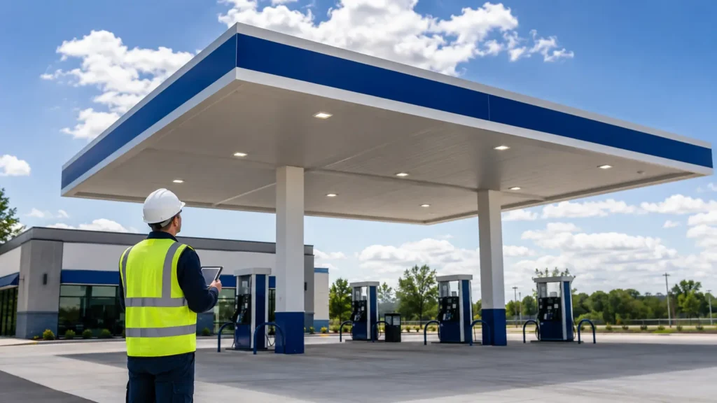 Technician visually inspecting gas station canopy fascia and lighting from ground level