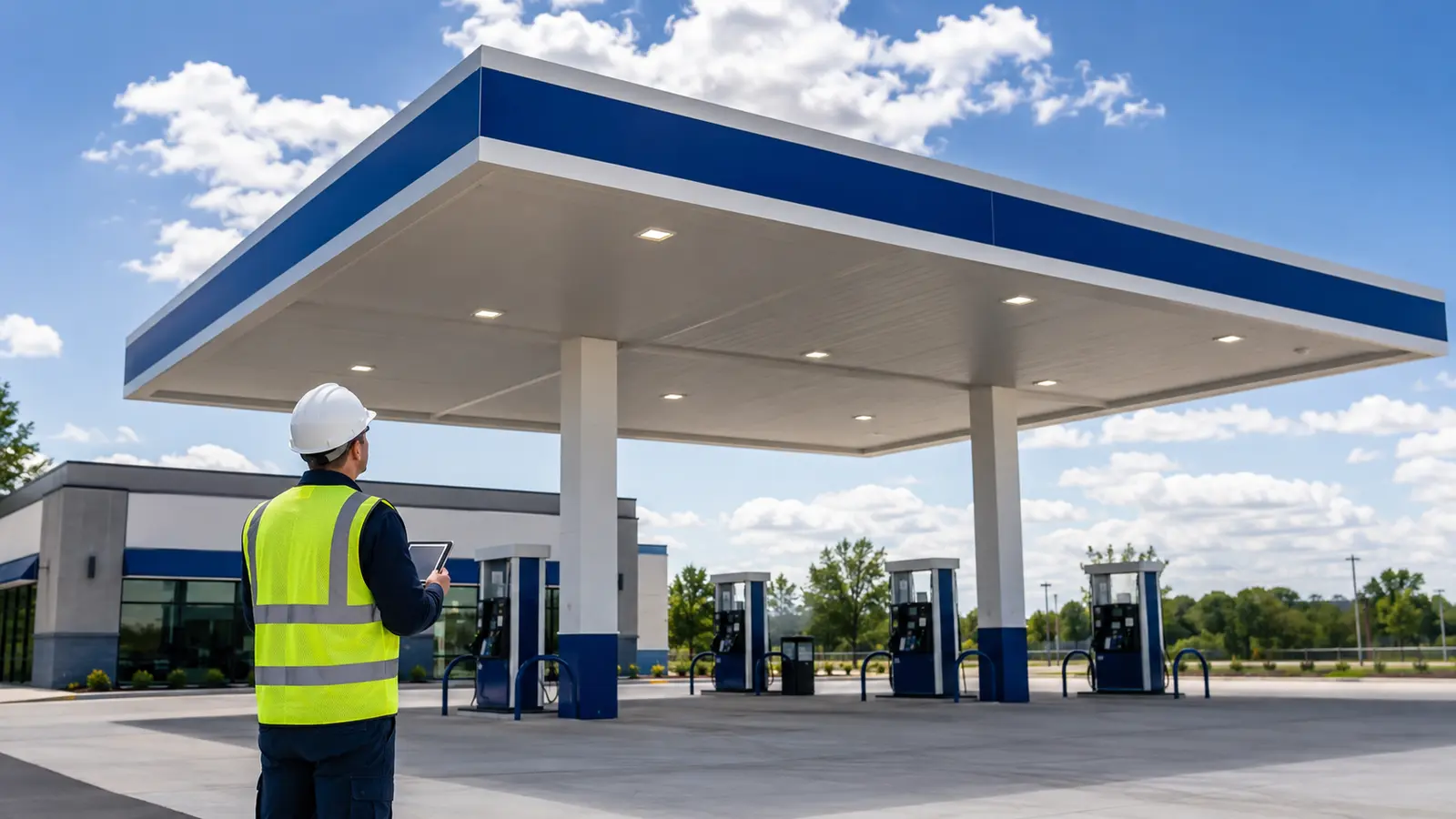 Technician visually inspecting gas station canopy fascia and lighting from ground level