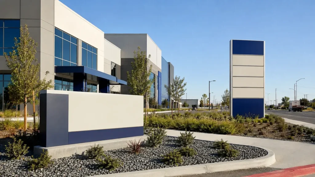 Low monument sign and tall pylon sign at a California commercial property