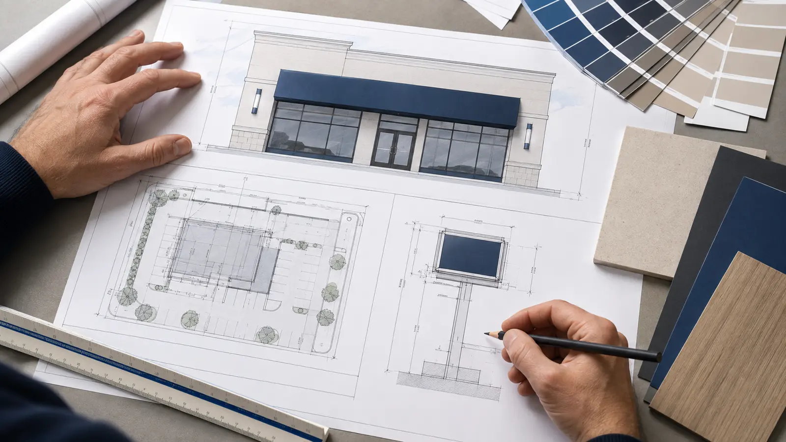 Commercial sign elevation and permit drawings on a professional project table