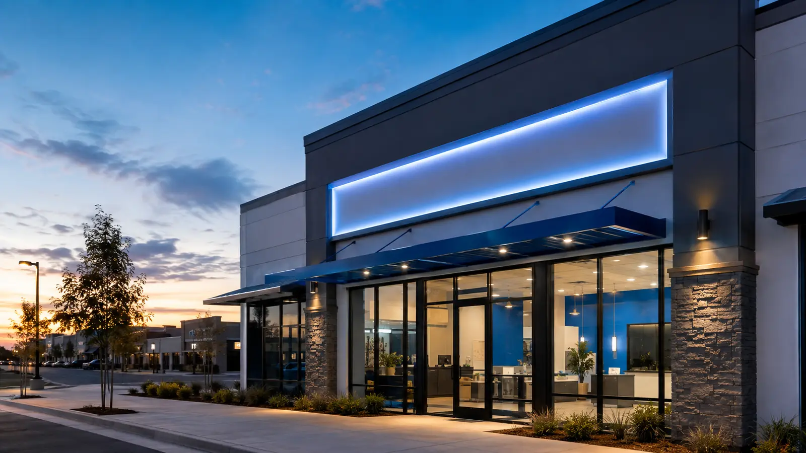Illuminated storefront signage on a commercial property in Stockton, California